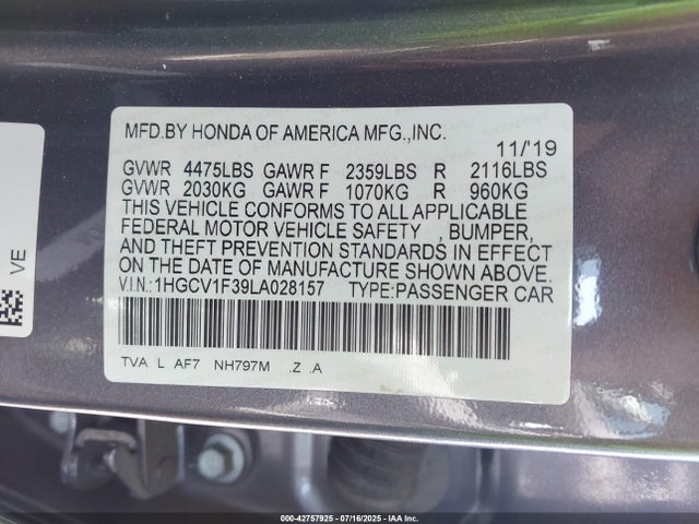 1HGCV1F39LA028157 Honda l15be