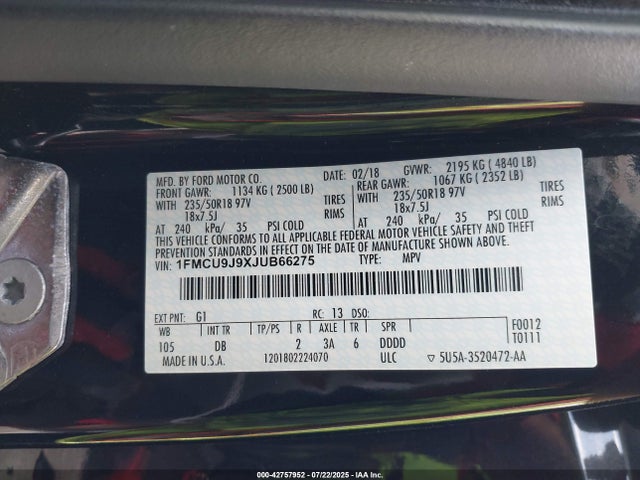 1FMCU9J9XJUB66275 Ford 2018