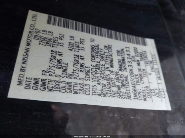 2008 NISSAN TITAN 1N6BA07C08N333431 Photo 8