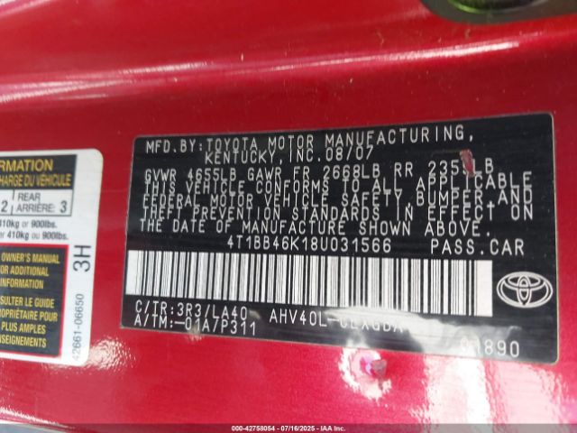 2008 TOYOTA CAMRY HYBRID 4T1BB46K18U031566 Photo 8