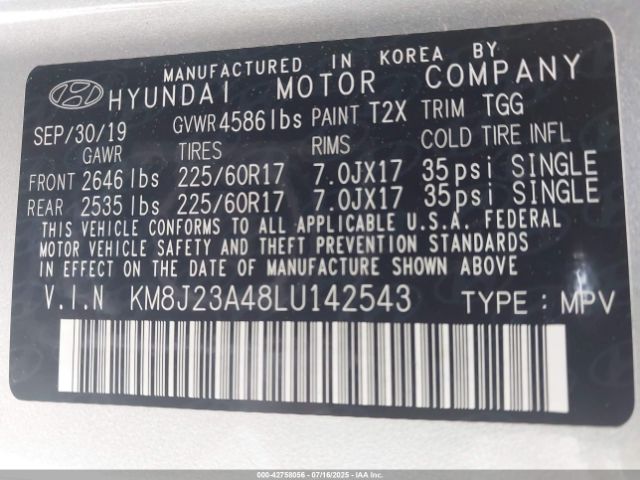 2020 HYUNDAI TUCSON KM8J23A48LU142543 Photo 8