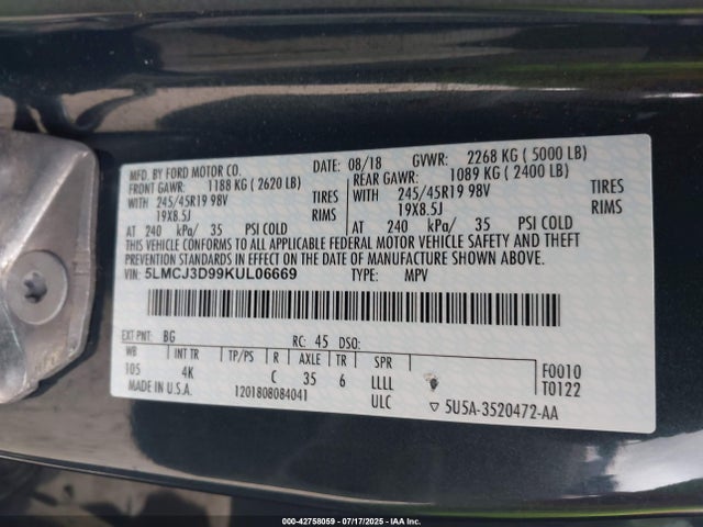 Lincoln 2.0l ecoboost 2019 5LMCJ3D99KUL06669 Image 9