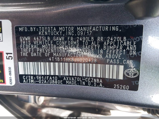 4T1B11HK8JU020438 Toyota a25a-fks