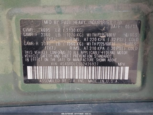 2011 SUBARU OUTBACK 4S4BRDLC5B2426927 Photo 8