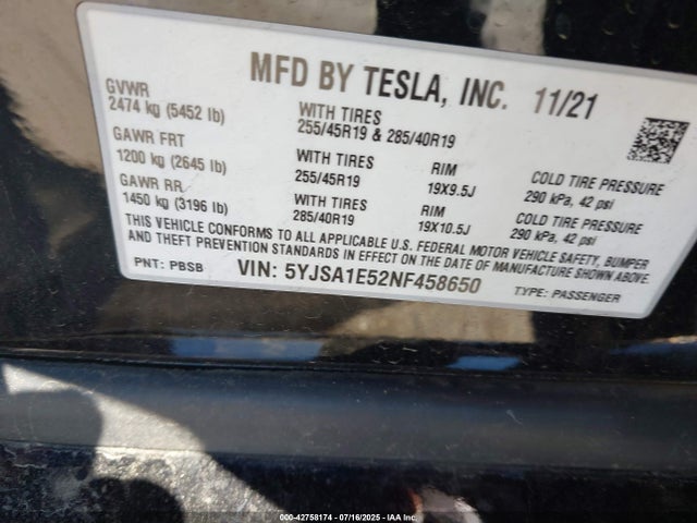 2022 TESLA MODEL S 5YJSA1E52NF458650 Photo 8