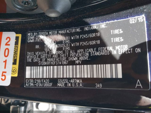 2015 TOYOTA HIGHLANDER 5TDBKRFH0FS141967 Photo 8
