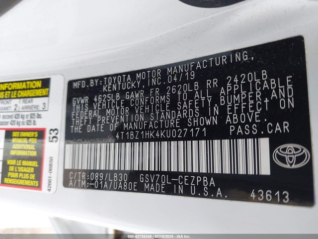4T1BZ1HK4KU027171 Toyota 2gr-fks
