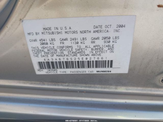 2005 MITSUBISHI GALANT 4A3AB76S25E027661 Photo 8