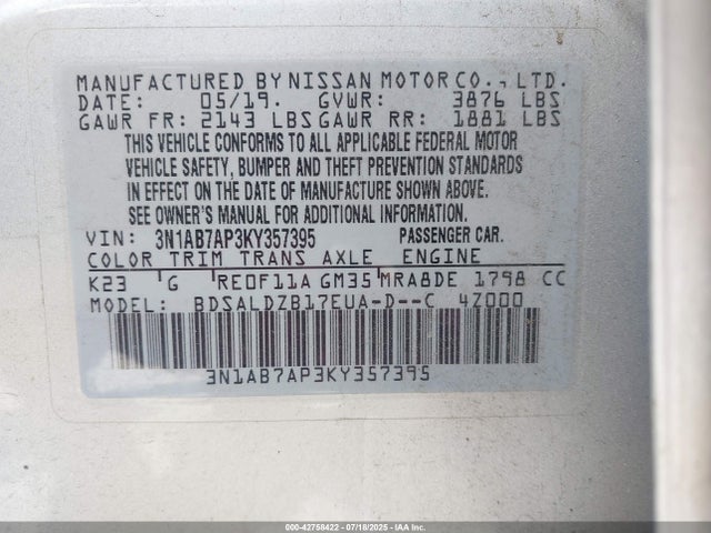 3N1AB7AP3KY357395 Nissan Sentra
