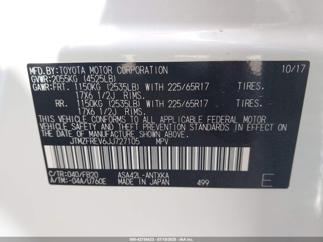 JTMZFREV6JJ727105 Toyota 2ar-fe