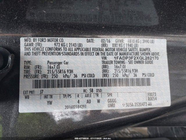 1FADP3F2XGL282170 Ford 2016