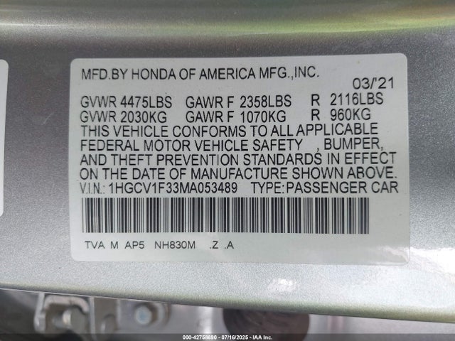 1HGCV1F33MA053489 Honda l15be