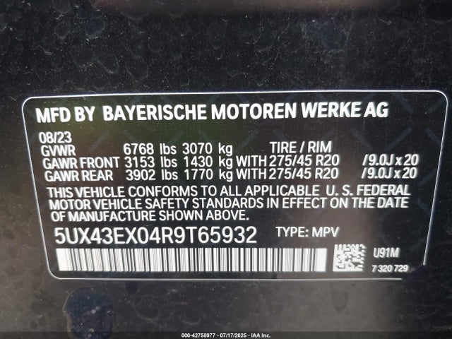 5UX43EX04R9T65932 BMW 2024