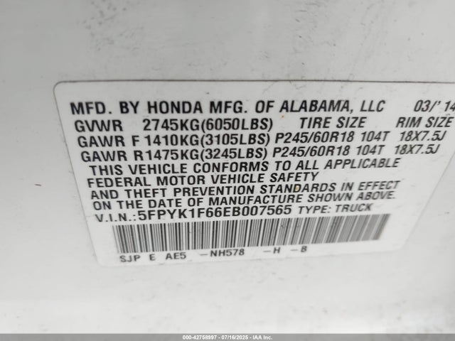 Honda j35z5 2014 5FPYK1F66EB007565 Image 9