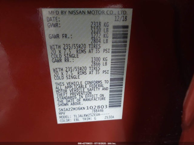 5N1AZ2MJ6KN102803 Nissan Murano