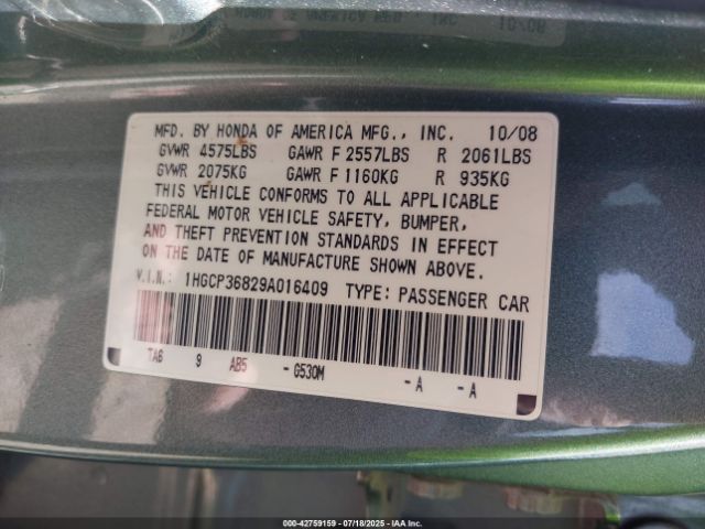 2009 HONDA ACCORD SDN 1HGCP36829A016409 Photo 8