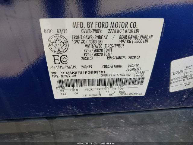 1FM5K8F81FGB99101 Ford 2015