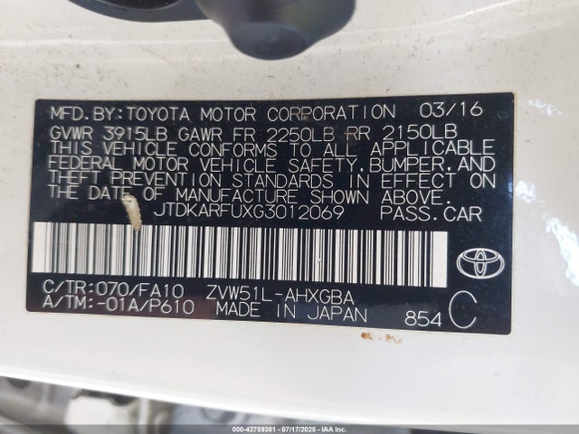 JTDKARFUXG3012069 Toyota 2zr-fxe,1nm