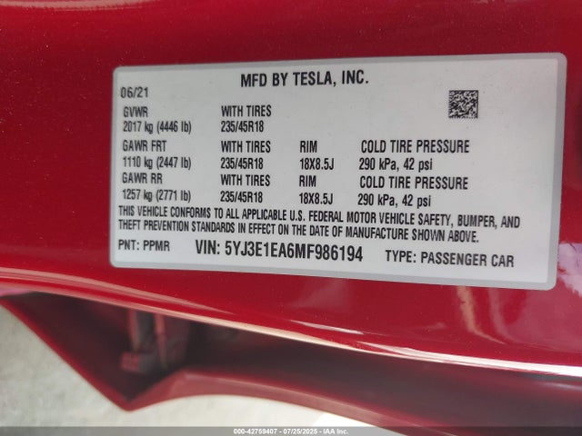 5YJ3E1EA6MF986194 Tesla 2021
