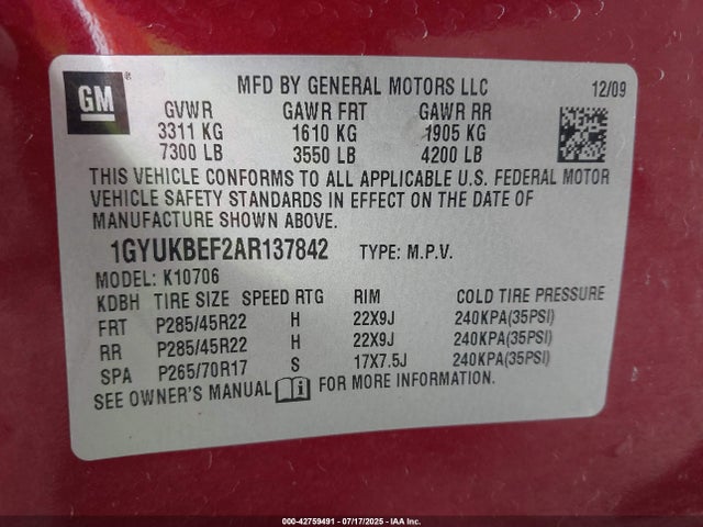 2010 CADILLAC ESCALADE 1GYUKBEF2AR137842 Photo 8