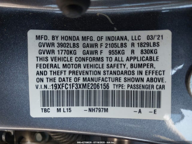19XFC1F3XME206156 Honda CIVIC EX