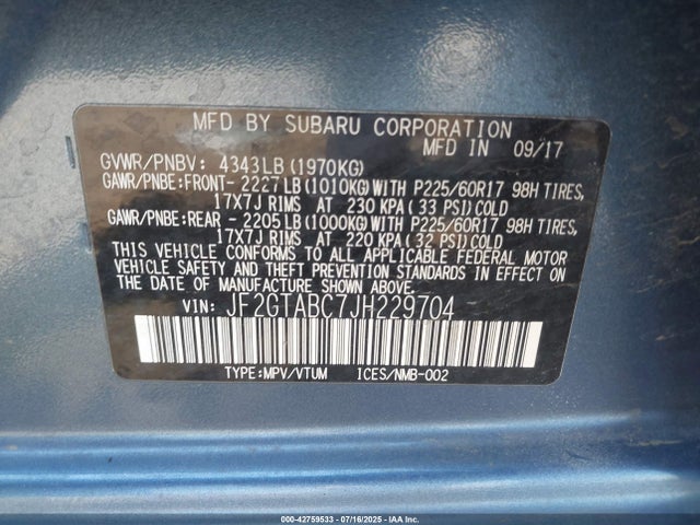 JF2GTABC7JH229704 Subaru naturally aspirated