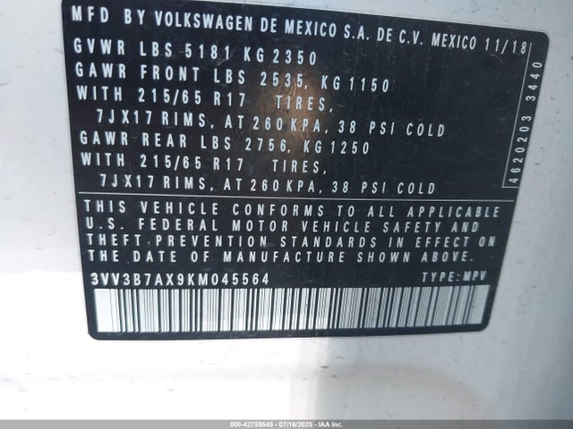 3VV3B7AX9KM045564 Volkswagen 2019
