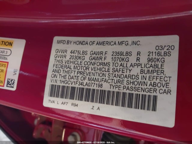 1HGCV1F34LA077198 Honda l15be
