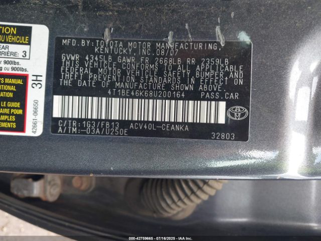 2008 TOYOTA CAMRY 4T1BE46K68U200164 Photo 8