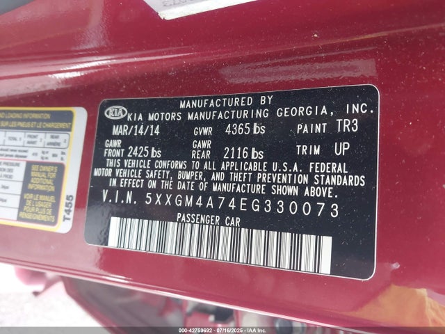 5XXGM4A74EG330073 KIA dohc gdi theta ii