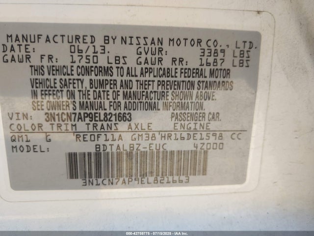 Nissan Versa 2014 3N1CN7AP9EL821663 Image 9
