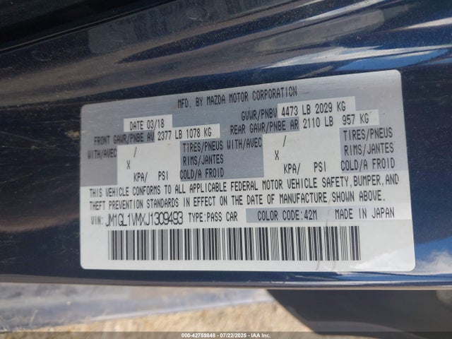 Продаж на аукціоні авто 2018 Mazda Mazda6 Touring, vin: JM1GL1VMXJ1309493, номер лоту: 42759848