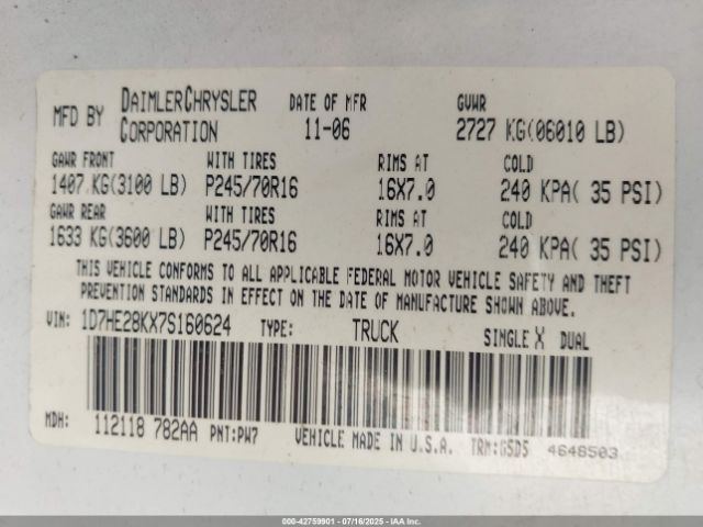 2007 DODGE DAKOTA 1D7HE28KX7S160624 Photo 8