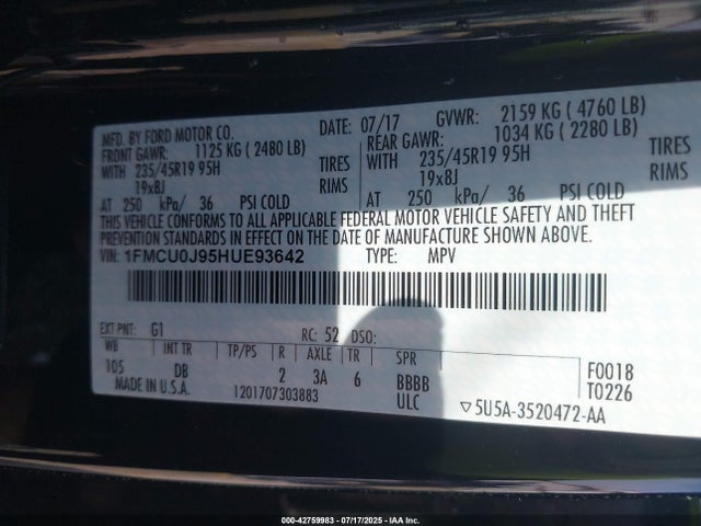 Ford 2017 2017 1FMCU0J95HUE93642 Image 9