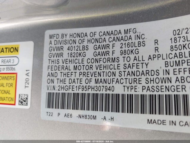 Honda l15b7 2023 2HGFE1F95PH307940 Image 9