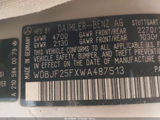 Aukcja sprzedaży 1998 Mercedes-benz E 300 Diesel, vin: WDBJF25FXWA487513, numer aukcji: 42760009