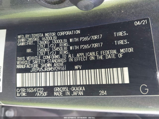 JTEPU5JR8M5929161 Toyota 1gr-fe