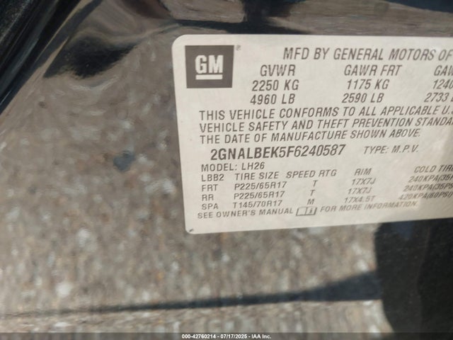 2GNALBEK5F6240587 Chevrolet lea - flex fuel (gas/alc), aluminum, ho,