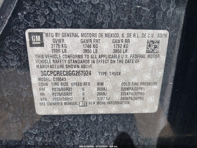 3GCPCREC8GG267924 Chevrolet l83 - sidi, vvt, afm, e85 max, aluminum