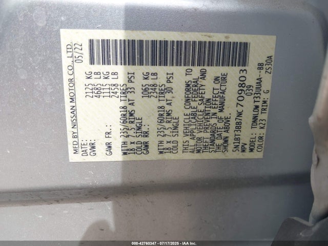 5N1BT3BB7NC709803 Nissan 2022