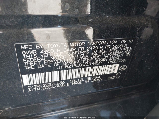Lexus 2gr-fks 2019 JTHBZ1BL0KA016920 Image 9