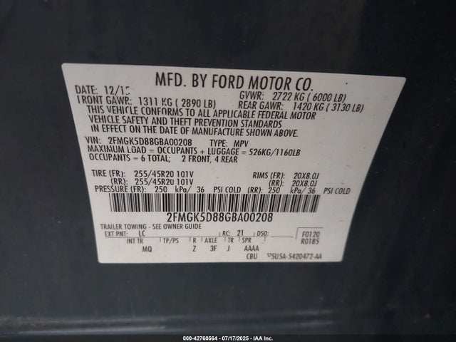 2FMGK5D88GBA00208 Ford 2016