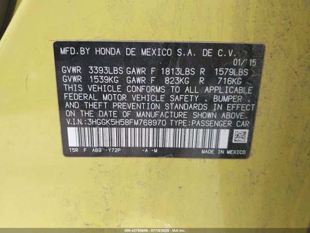 3HGGK5H58FM768970 Honda l15b1