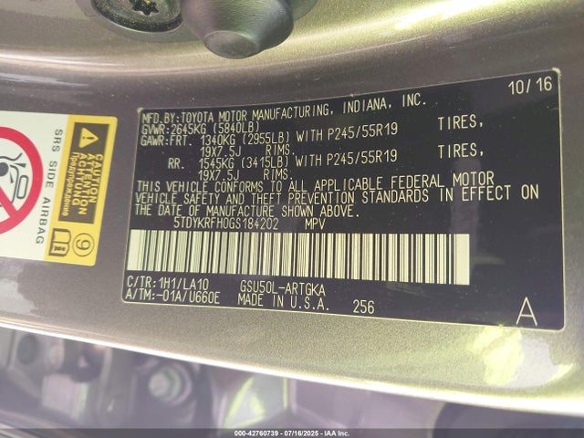 5TDYKRFH0GS184202 Toyota 2gr-fe