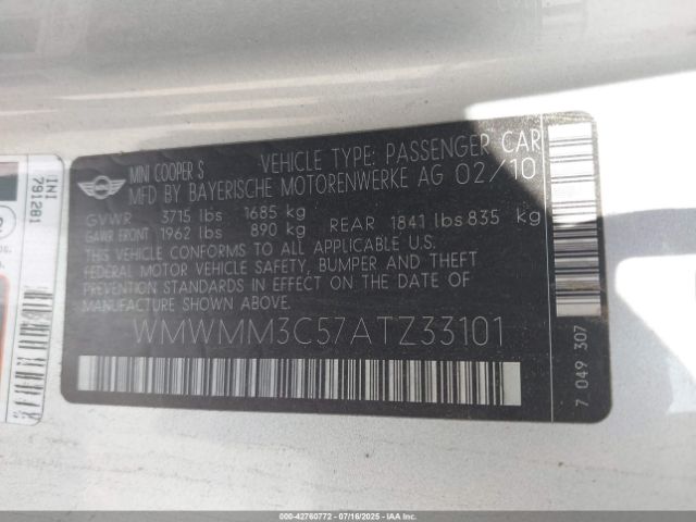2010 MINI COOPER S CLUBMAN WMWMM3C57ATZ33101 Photo 8