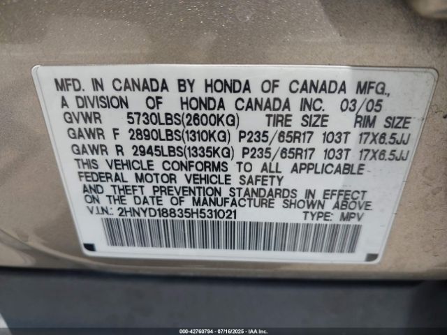 2005 ACURA MDX 2HNYD18835H531021 Photo 8