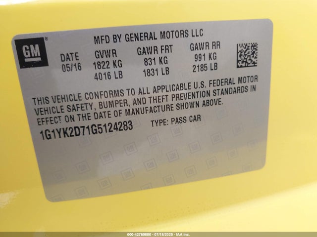 1G1YK2D71G5124283 Chevrolet lt1 - di, afm, vvt, ho, alum, gmna