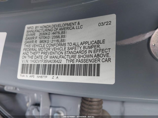 1HGCV1F35NA036422 Honda l15be