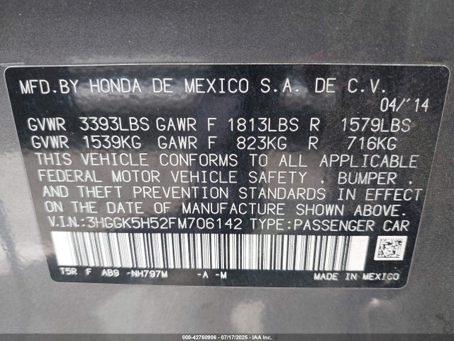 3HGGK5H52FM706142 Honda FIT LX