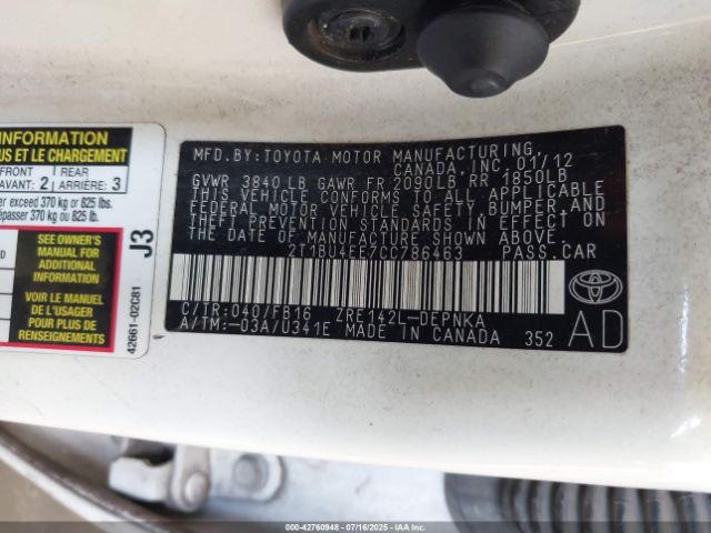 2012 TOYOTA COROLLA 2T1BU4EE7CC786463 Photo 8